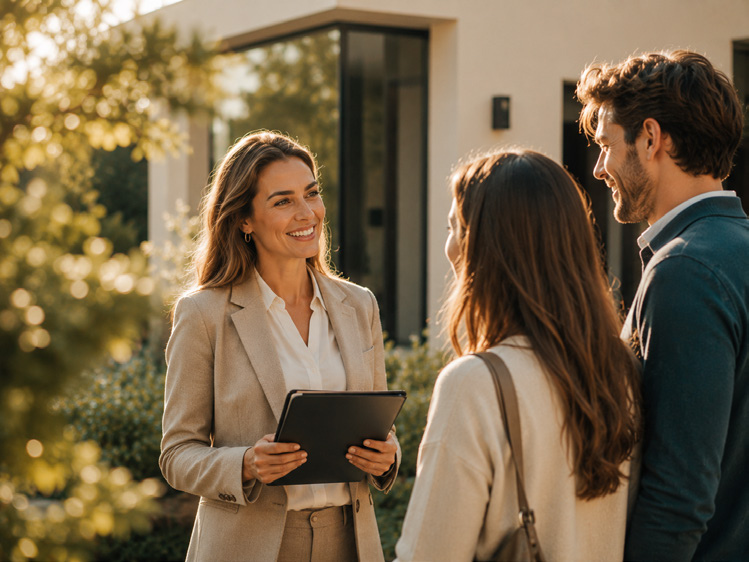 Makelaar in gesprek met een stel voor hun woning