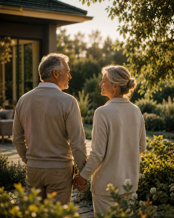 Stel wandelt hand in hand door de tuin bij hun woning